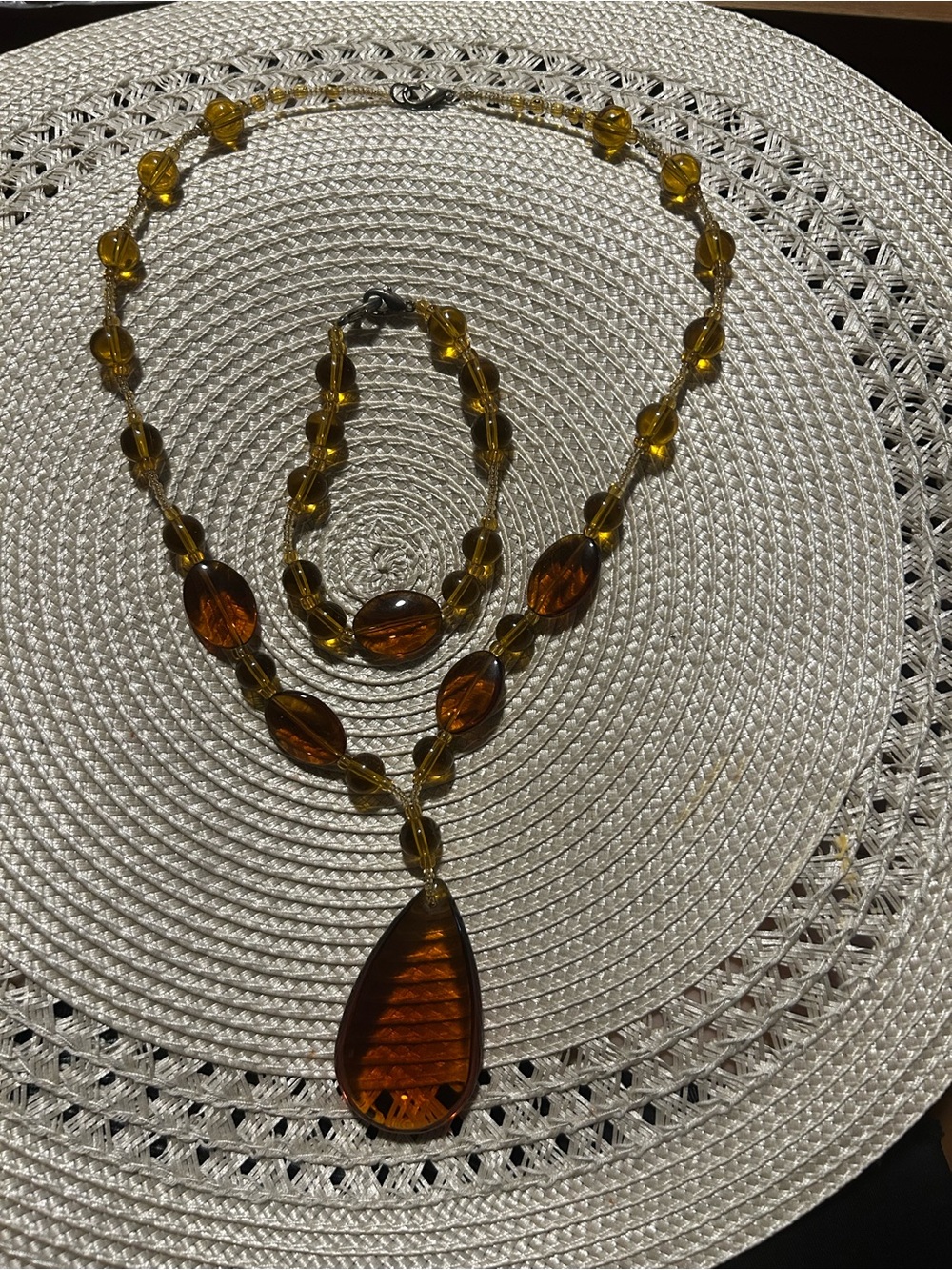 Amber Teardrop Bead Necklace and Bracelet Set - Gold-Tone Look